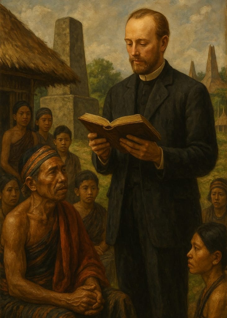 Misionero leyendo en comunidad indígena en la isla de Sumba, Indonesia